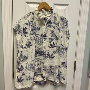 Umgee SZ L Women’s Novelty Print Island Village Hawaii Button Up Blouse